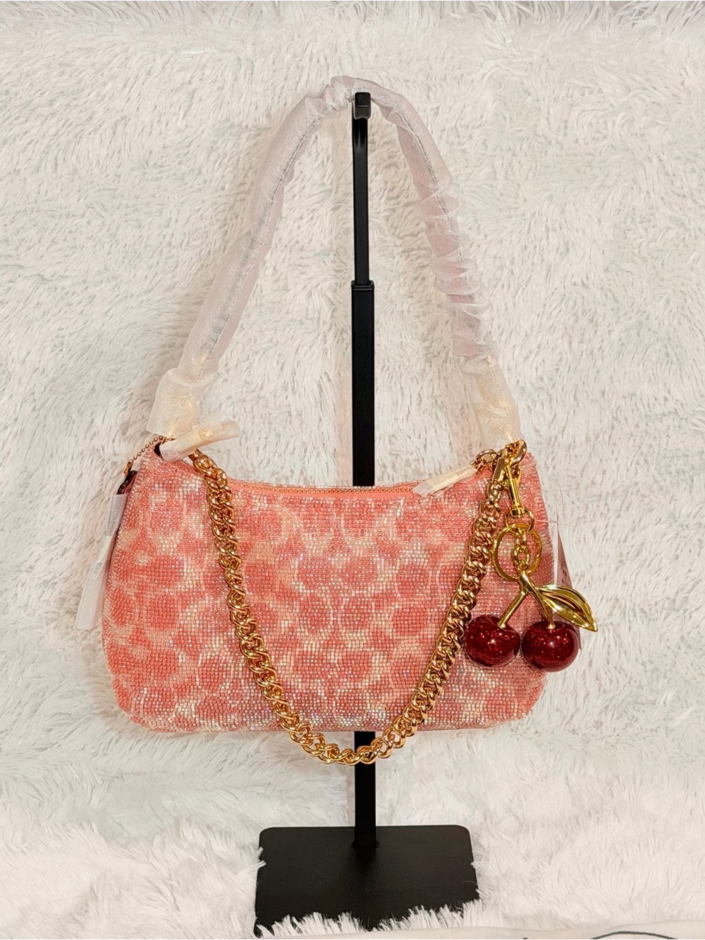 Coach Teri Shoulder Bag
In Signature Beaded Satin + Cherry 🍒 charm.